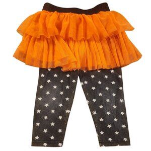Young Hearts Girls 4T Orange Tulle Skirt Black Star Print Halloween Leggings